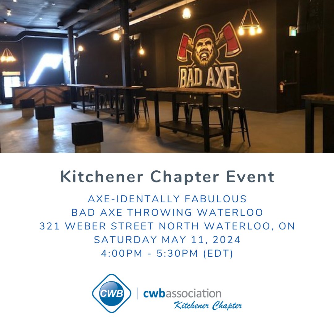 The Kitchener Chapter is hosting an Axe-identally Fabulous Event on Saturday May 11, 2024 at Bad Axe Throwing Waterloo from 4:00PM - 5:30PM (EDT). Learn More: ow.ly/QvgY50Rk8vx