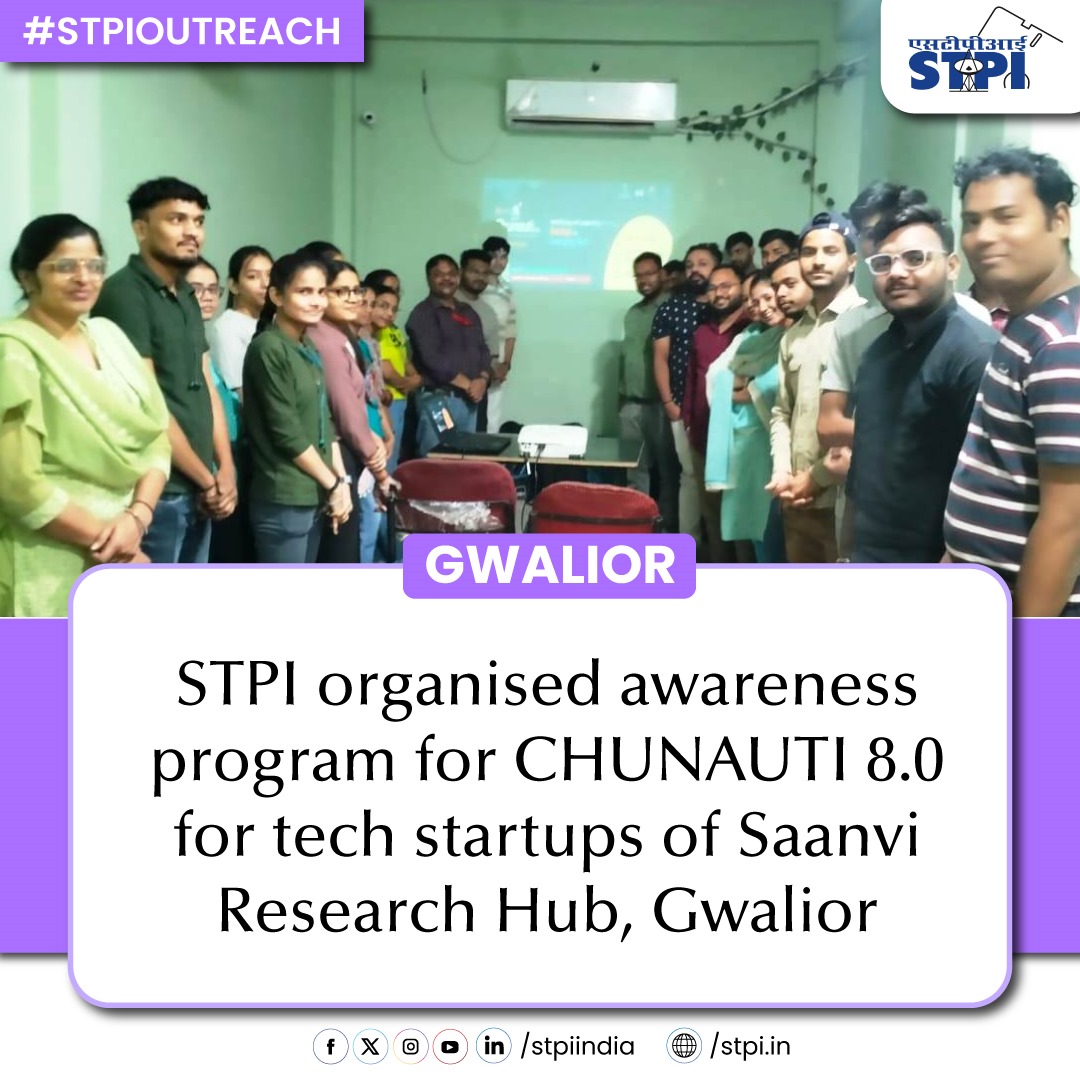 T-29: STPI officials encouraged tech startups of Saanvi Research Hub, Gwalior to participate in the CHUNAUTI 8.0 initiative. 
#STPIOutreach 

@stpigwalior