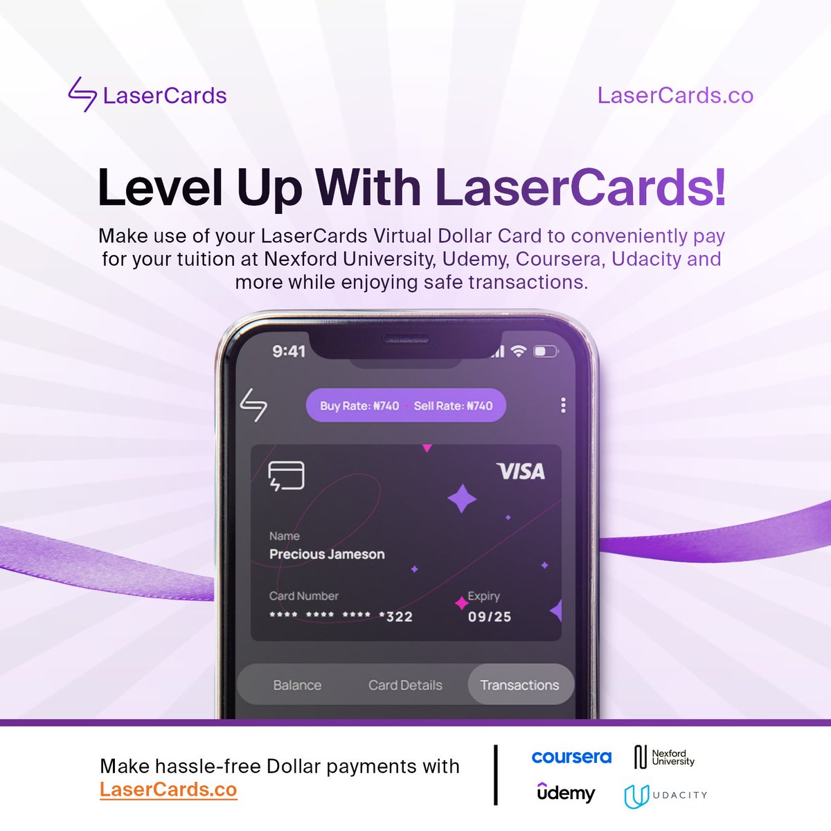 LaserCards Virtual Dollar Card lets you safely and conveniently pay for your tuition at Nexford University, Udemy, Coursera, and Udacity.

#LaserCardsCo #LaserCards #VirtualDollarCards #VirtualPayments #OnlinePayments #DollarCards