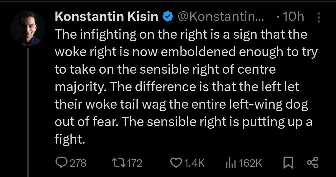 Liberals like Kisin 🇮🇱 are trying to popularise the term 'woke right' to refer to anyone that discusses race, Jewish power, the Israel lobby, or basically anything that isn't boilerplate centrism. The 'woke' are just leftists who take the myth of egalitarianism seriously,