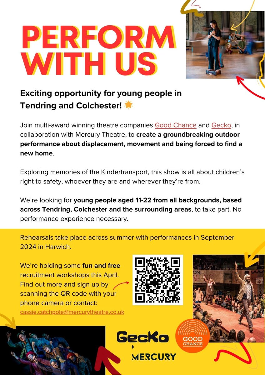 📣 Last reminder for young people of Tendring and Colchester! We, with @GoodChanceCal & @GeckoTheatre, are looking for participants aged 11-22 from any background to join us in creating a thought-provoking performance on displacement. Find out more here: buff.ly/4b5q44J