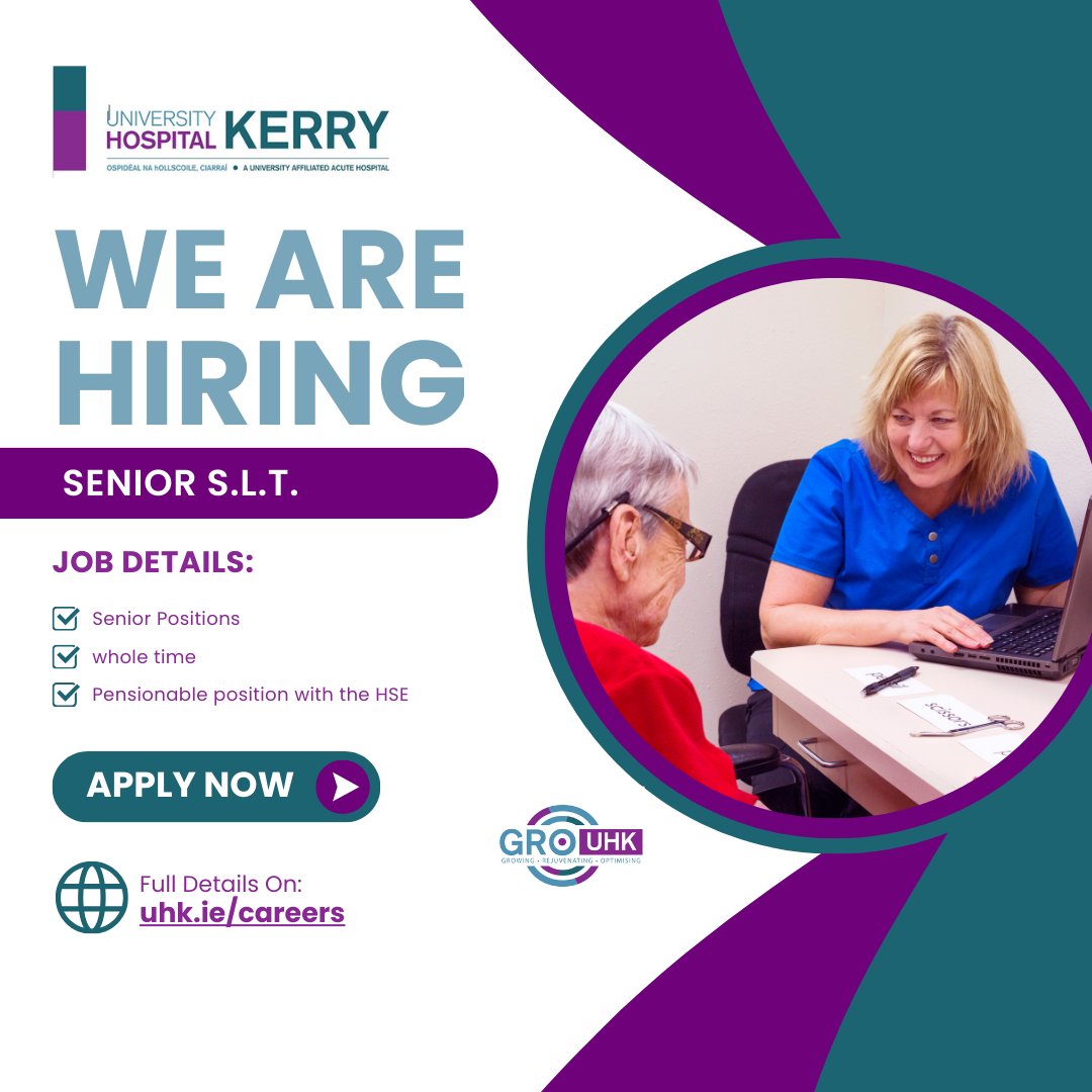 2 x Senior Speech & Language Therapists Required at University Hospital Kerry We're seeking a two Senior SLT's to join our Geriatric Emergency Multidisciplinary Service and our Stroke Service at UHK. FULL DETAILS: uhk.ie/senior-slts/ #PeopleOfUHK #HealthcareJobs