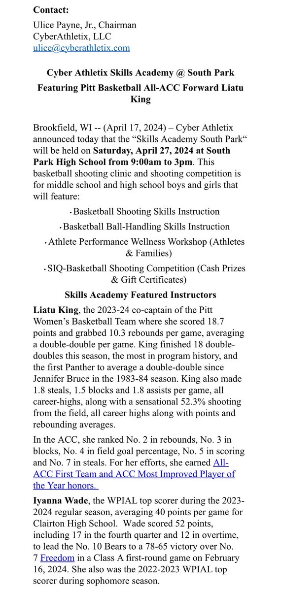 🚨🚨 Please read the following attached press release for our upcoming Cyber Athletix Skills Academy Basketball Camp- Featuring Pitt Basketball All-ACC Forward Liatu King