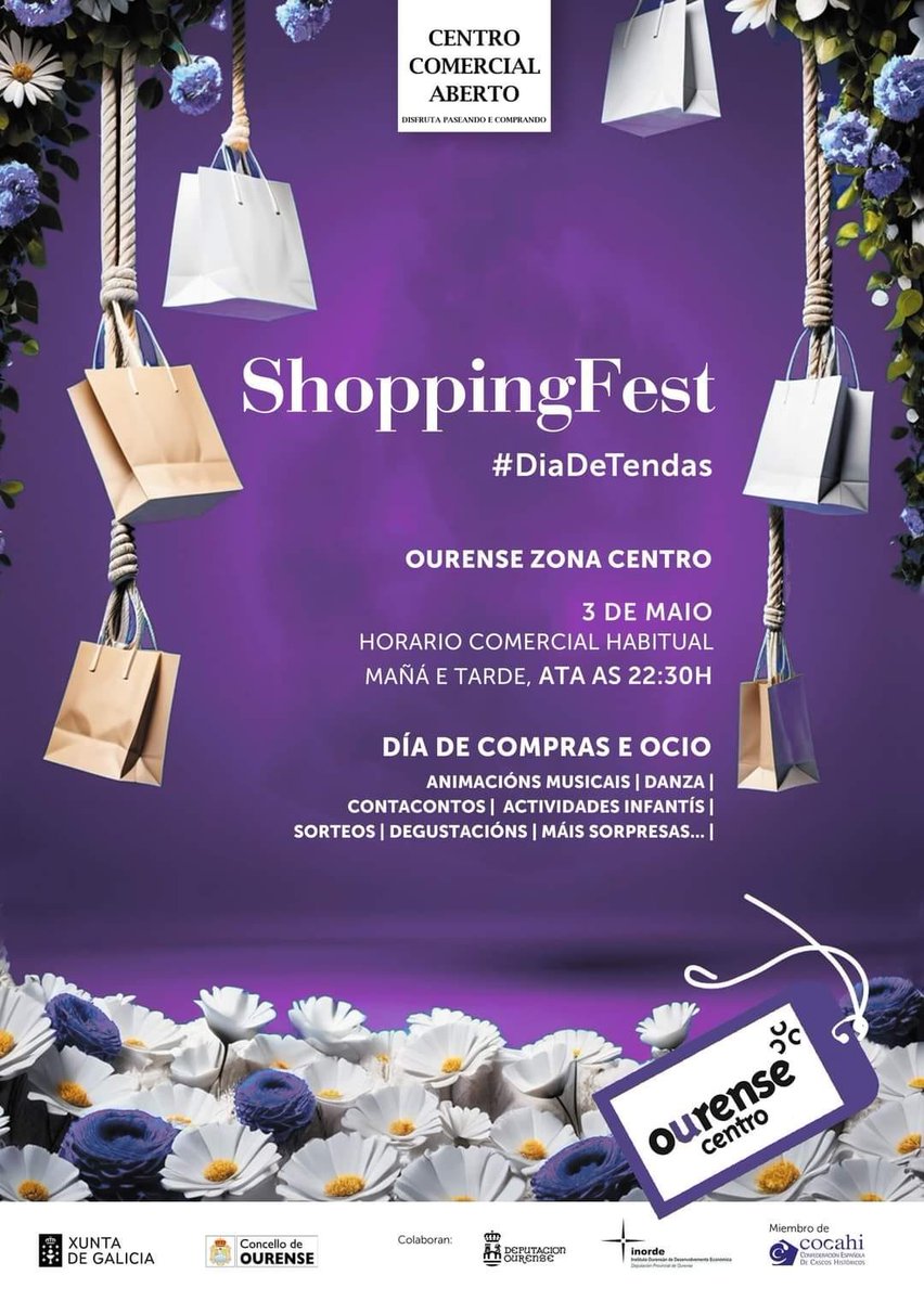 O próximo venres 3 de maio terá lugar na zona comercial de Ourense Centro a Shopping Fest Ourense Zona Centro, na que os establecementos abrirán as súas portas ofrecendo unha noite de ocio e compras aos cidadáns. 🔗 shoppingnightourensecentro.com