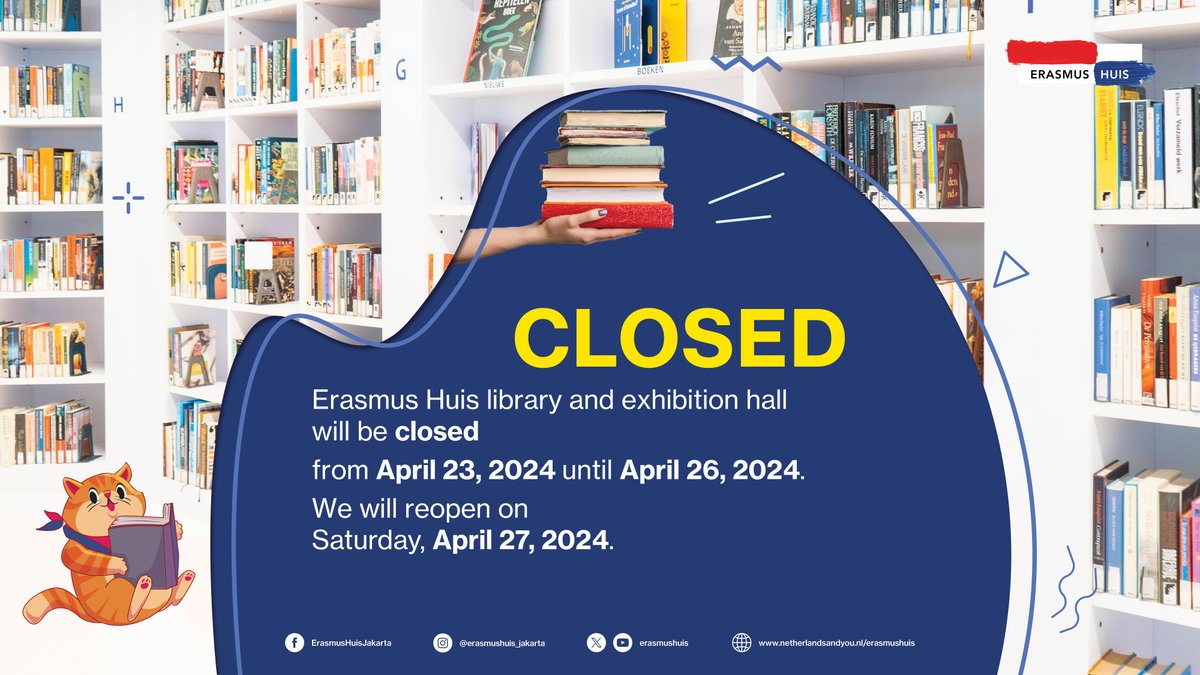 Due to the preparation of King's Day 2024, the Erasmus Huis library and exhibition hall will be closed from April 23, 2024 until April 26, 2024. We will reopen on Saturday, April 27, 2024.