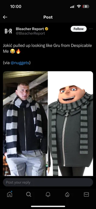 A screenshot of Jokic (basketball player) looking like Gru from despicable me