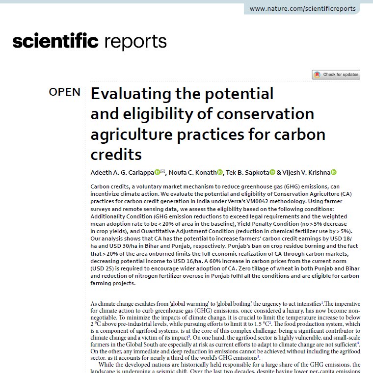 Read our latest article titled 'Evaluating the potential and eligibility of conservation agriculture practices for carbon credits', published with @SpringerNature in @SciReports here rdcu.be/dFpv3 Thanks @VijeshKrishna10 @TekSapkota2 and Noufa. @CIMMYT @NaturePortfolio