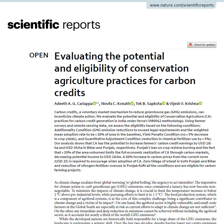 AdeethCariappa's tweet photo. Read our latest article titled "Evaluating the potential and eligibility of conservation agriculture practices for carbon credits", published with @SpringerNature in @SciReports here https://t.co/cSSDSXfg6B

Thanks @VijeshKrishna10 @TekSapkota2 and Noufa.
@CIMMYT @NaturePortfolio https://t.co/KFAl4HD1fW