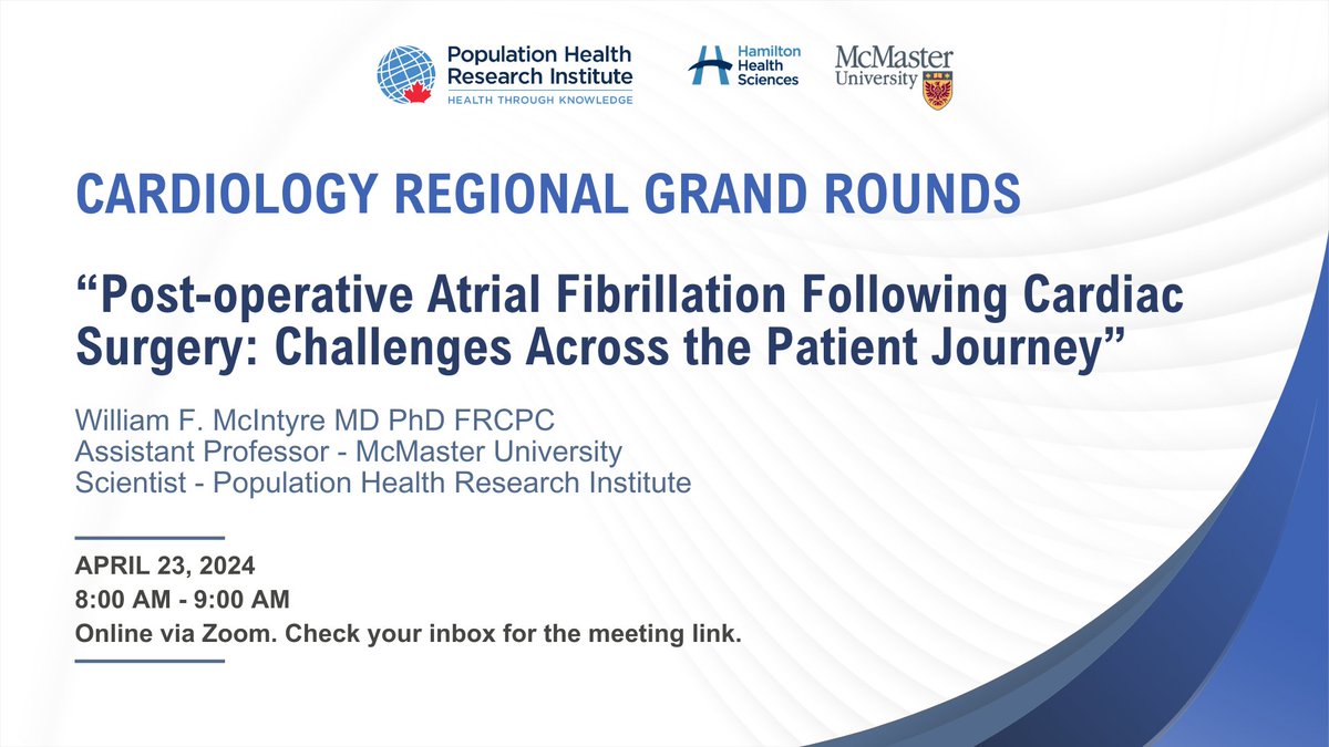 #REMINDER: @MacDeptMed & #PHRI researchers! Join us for the upcoming Cardiology Regional Grand Round on 'Post-operative #atrialfibrillation following #cardiac surgery: Challenges across the #patient journey' with #PHRI Scientist @WFMMD. 🔗Check your inbox for the link! @hvanspall