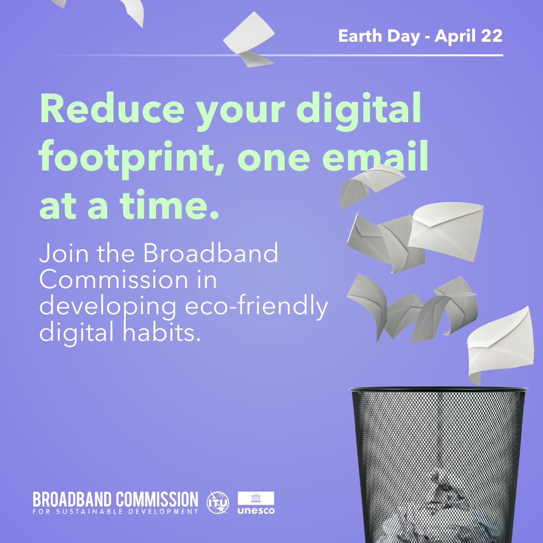 Happy #EarthDay2024! The @UNBBCom's Annual #DigitalSpringCleaning continues this year. Stay tuned for tips on how to reduce your #digital carbon footprint! Learn more: broadbandcommission.org/digital-spring…