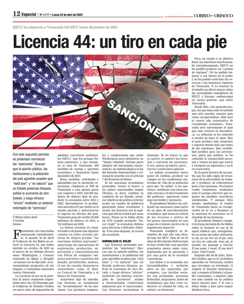 Con los buenos días les comparto mi artículo de hoy en El Correo del Orinoco: 'Licencia 44: un tiro en cada pie'. Las sanciones son una agresión y las licencias un chantaje. Ni una ni otra bloquearán el camino a la recuperación definitiva de Venezuela. Comenta, te escucho