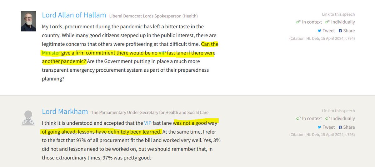 👀Interesting question/answer in HoL regarding the PPE VIP lane.⤵️ Lord Allan: 'Can the Minister give a firm commitment there would be no VIP fast lane if there were another pandemic?' Lord Markham: '..the VIP fast lane was not a good way of going ahead; lessons have