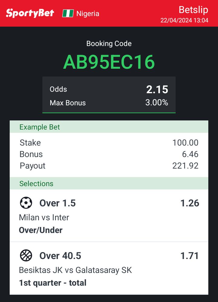 SportyBet 2 odds: AB95EC16 For More Tips Join Telegram Here👉🏾 t.me/+U5cEY5-S0FQxZ… Good luck 🤞🏾 Stake Responsible 🔞 @HayMosesBet