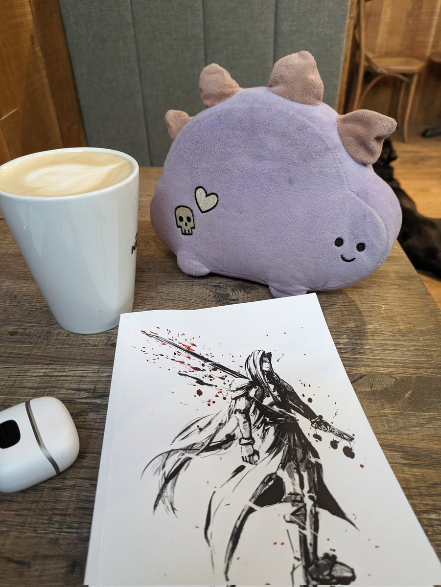 Mr J is at the Wave Project so I'm having a cheeky free coffee 😏 Arnold joined me for my coffee date.. Up to Chapter 19 now 👀 Thank you @FFVIINovels as the end of chapter 18 answered my question about Hojo and if Sephiroth knew who his real mum was, etc 💖