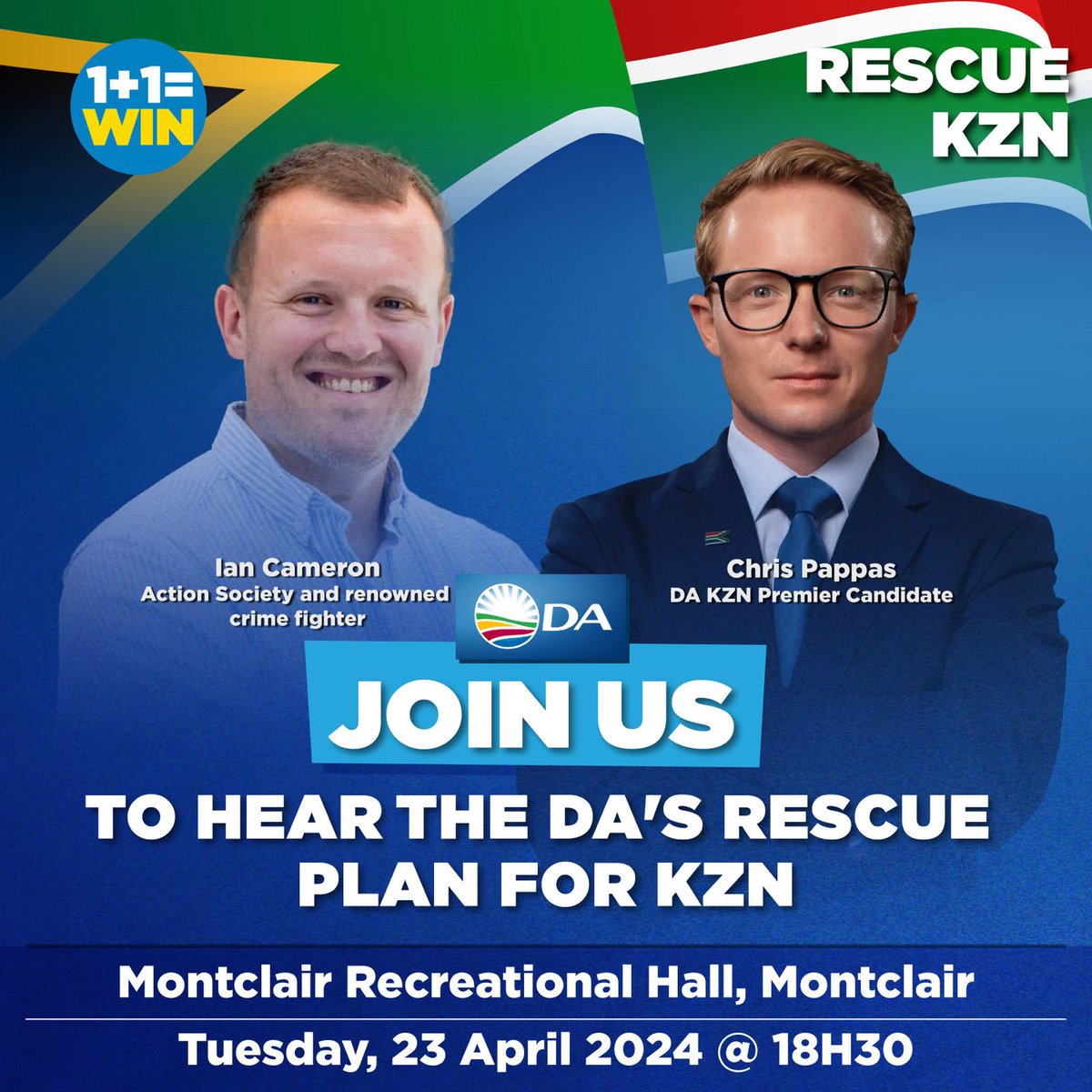 Tomorrow, renowned crime fighter @IanCameron23 will be joining DA KZN Premier Candidate, Chris Pappas on the campaign trail across the province. Looking forward to him helping us #RescueSA and #RescueKZN!