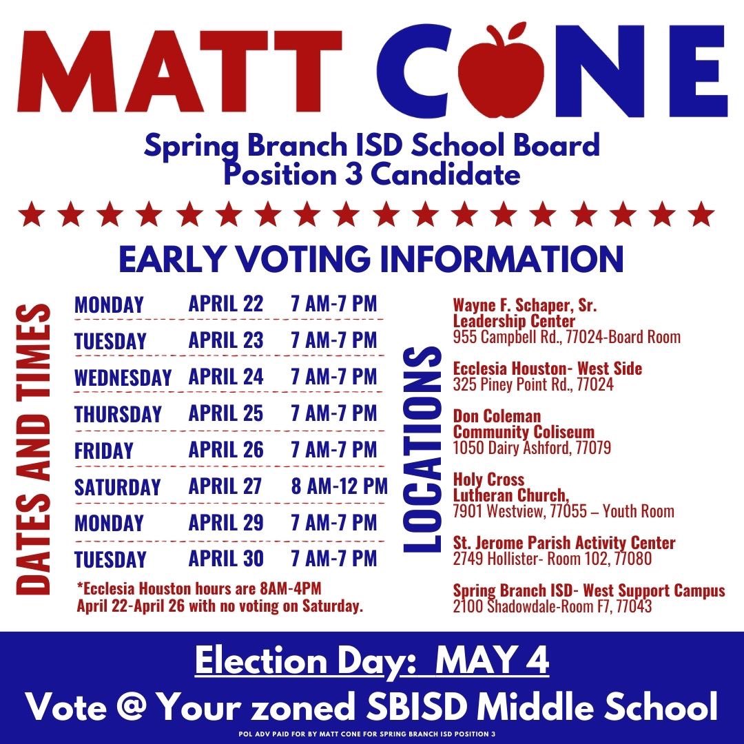 Voting Starts Now! See you at the polls! MattCone4SBISD.com #SBISDFirst