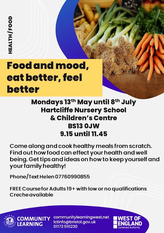 Food and mood, eat better, feel better.

Mondays from 13th May to 8th July @ Hartcliffe Nursery School & Childrens Centre - BS13 0JQ

09:15 until 11:45

Free Course for Adults 19+ with low or no qualifcations. 
Creche available.