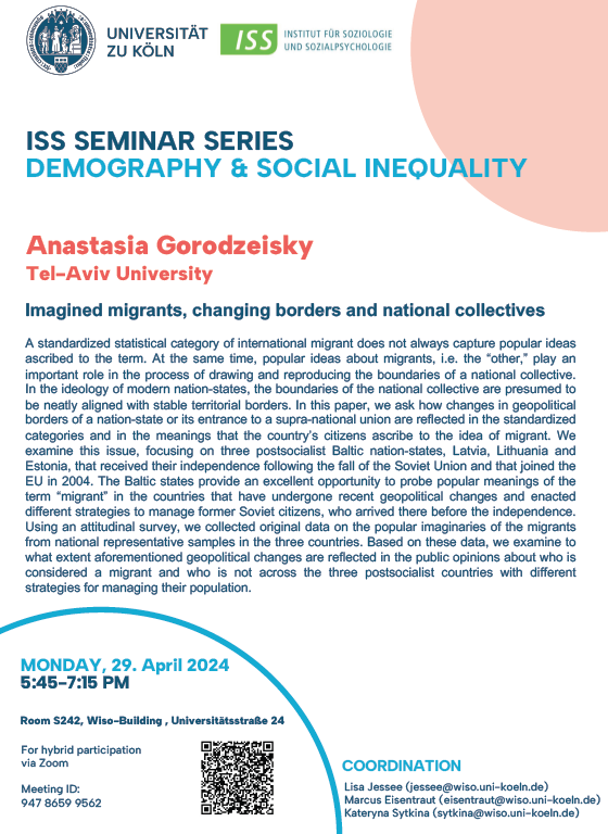📣Next Monday, Anastasia Gorodzeisky (@gorodzeisky) will talk in our Seminar Series on #Demography and #SocialInequality. Feel free to join! 📅29th of April 🔖 Imagined migrants, changing borders, and national collectives For more information about her talk and how to join👇