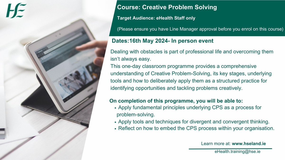 📢eHealth Staff Training: Creative Problem Solving is taking place on the 16th May 2024. Enrol by closing date: 5th May 2024 Spaces are limited to eHealth Staff so don't miss out! #eHealth4all @Jcwemyss @HSE_HSeLanD