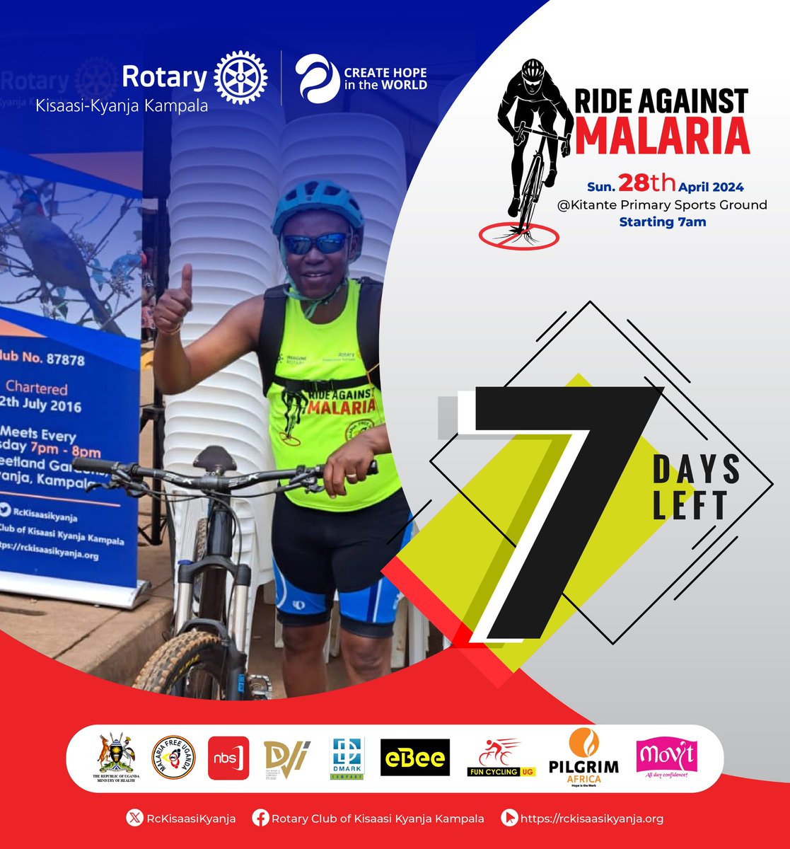 The countdown is still on... Is your bike prepared? Only 7 days left. Join us bright and early on April 28th at 7 am for the 4th Edition of #RideAgainstMalaria. Bicycle Rental: 50K, Equipment: 25K @RcKisaasiKyanja @Pamelanyaks @FunCyclingUg @MalariaFreeUG30 #NBSportUpdates