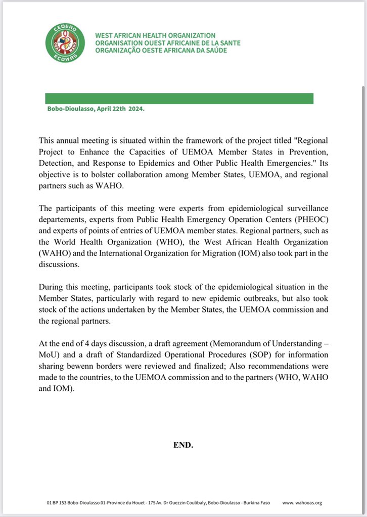 A press release on the meeting of national heads of epidemiological surveillance, health information and point of entry officers in Union Économique Monétaire Ouest Africain region. @ecowas_cedeao @OoasWaho @vlokossou