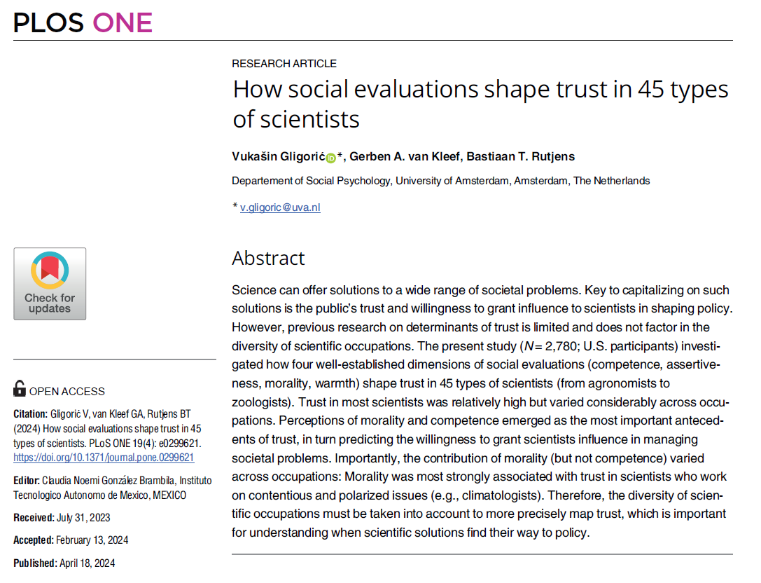 Do people trust scientists? Do people trust some scientists more than others? How social evaluations shape trust? I’m thrilled to announce that you can find out the answers in my third PhD project - just published in PLOS One! ✨ journals.plos.org/plosone/articl… HIGHLIGHTS👇👇👇