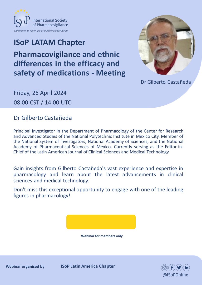 🌎 ISoP LATAM Chapter webinar! 📢 'Pharmacovigilance and ethnic differences in medication efficacy and safety' with Dr. Gilberto Castañeda. Exclusively for ISoP Members - April 26, 08:00 CST / 14:00 UTC. 👉The webinar will be conducted in Spanish. isoponline.org/chapters/latin…