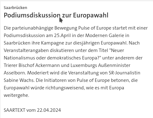 #SKK20240422 #SAARTEXT #parteiunabhänginge #Bewegung #Saarland nicht #ausgewogen, sondern #erzkonserativ! #Undemokratisch! #Diskussion zur #Europawahl24 in #Saarbrücken mit #Bischof #Ackermann #Trier und #Außenminister #Luxemburg #Asselborn