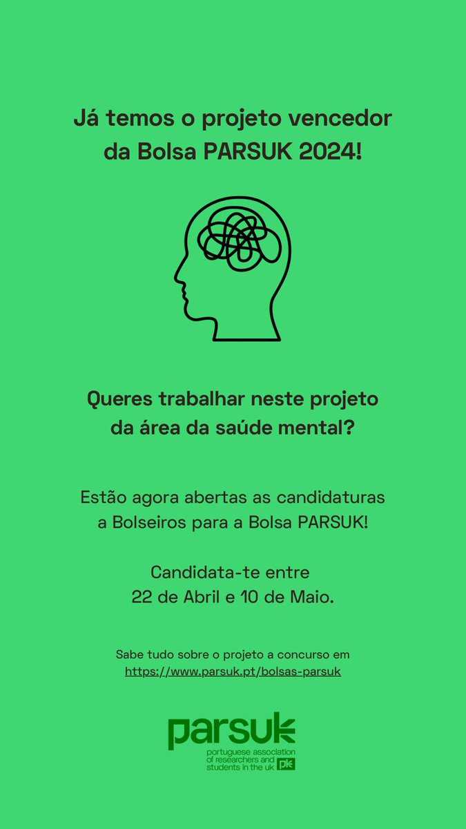 Já saíram os resultados da Bolsa PARSUK 2024! Este ano, o programa Bolsa PARSUK conta com o projeto da Mariana Pinto da Costa, PhD, Senior Lecturer no King's College London. Candidata-te a este projeto de 22 Abril a 10 Maio em parsuk.pt/bolsas-parsuk