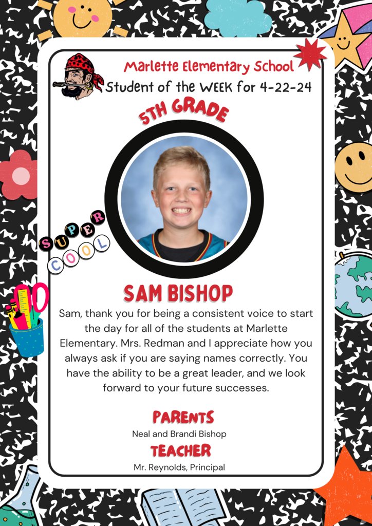 MarletteSchools's tweet photo. A shoutout to Sam for being a consistent voice to start the day at Marlette Elementary and always striving to pronounce names correctly - your leadership skills are shining bright. 🙌🏼 https://t.co/GVjuJ9sTxv