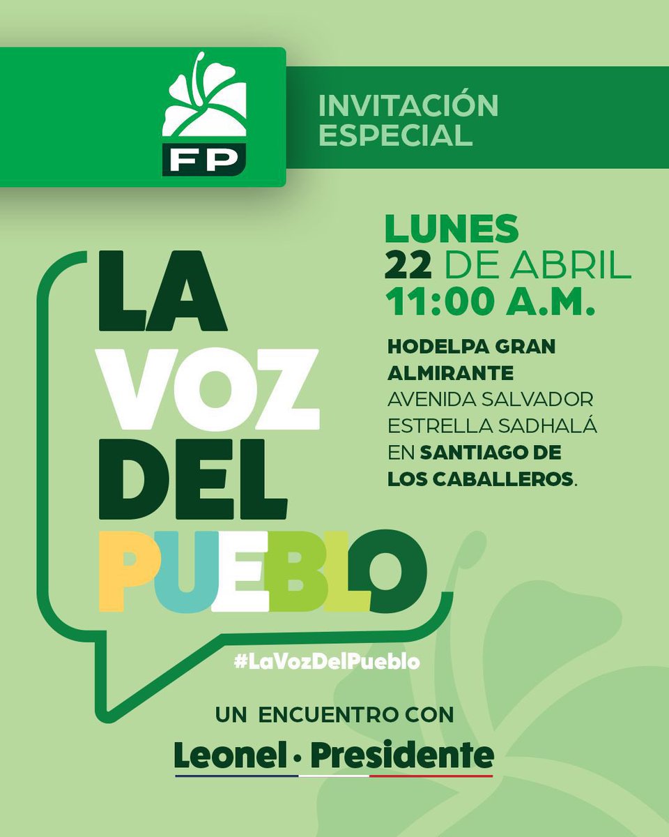 El cambio está en nuestras manos! Acompaña a Leonel Fernández en LA VOZ DEL PUEBLO EN SANTIAGO por el país y juntos construyamos un futuro lleno de esperanza y oportunidades. #LaVozDelPueblo #FuerzaDelPueblo #LeonelFernández #VolvamosPaLante #Vota3