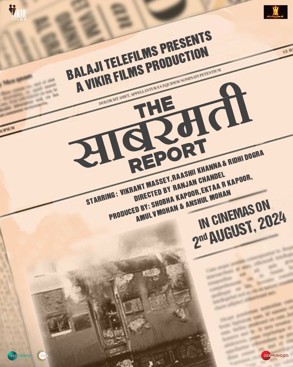 #TheSabarmatiReport, in cinemas on 2nd August!

#ShobhaKapoor @EktaaRKapoor  @anshulmohan @ranjanchandel @VikrantMassey #RaashiiKhanna @iRidhiDogra @balajimotionpic @VikirFilms  @aseem_arora #VimalDoshi #VivekKoka #JanviGill #ShreyJhawar @ZeeMusicCompany