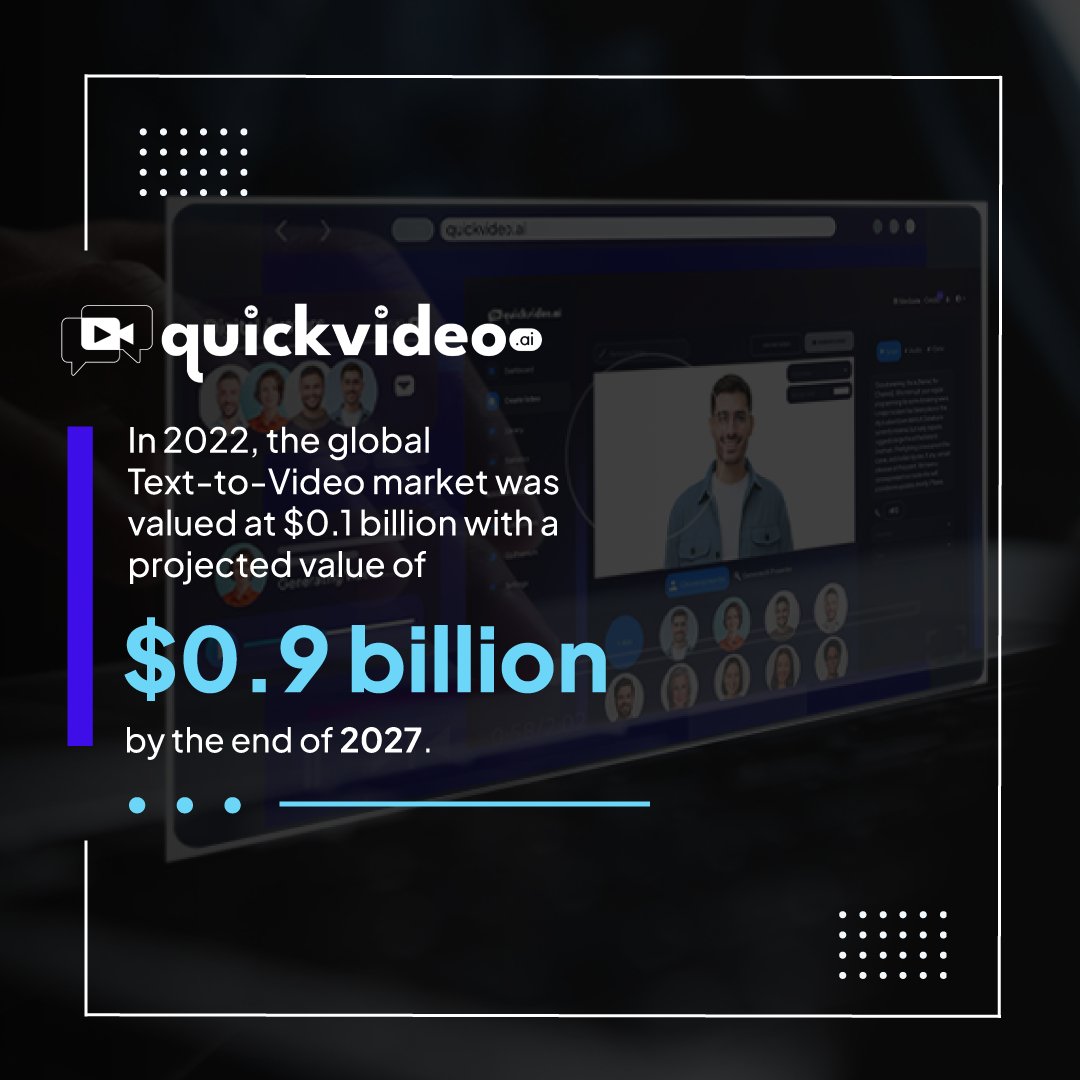 Unlocking boundless creativity! 🌟

From $0.1 billion in 2022 to a projected $0.9 billion by 2027, the global Text-to-Video market is igniting a digital revolution! 🚀

Embrace the power of transformation! 💡

#TextToVideo #TechTrends #Innovation #quickvideo #ai