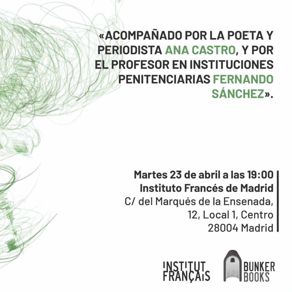 AnaCastroV's tweet photo. Y mañana moderaré el debate entre Claudel y el también docente en instituciones penitenciarias Fernando Sánchez en el Institut Français a propósito del libro "El ruido de las llaves" de @BooksBunker para celebrar el día del libro de manera comprometida. ¿Te animas? https://t.co/qR5vpONHQk