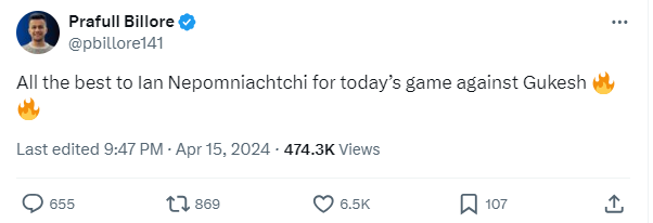 @pbillore141 Proud of Prafull Billore for using his hidden powers!!!

On 15th April he send best wishes to Ian Nepomniachtchi instead of Gukesh.🔥