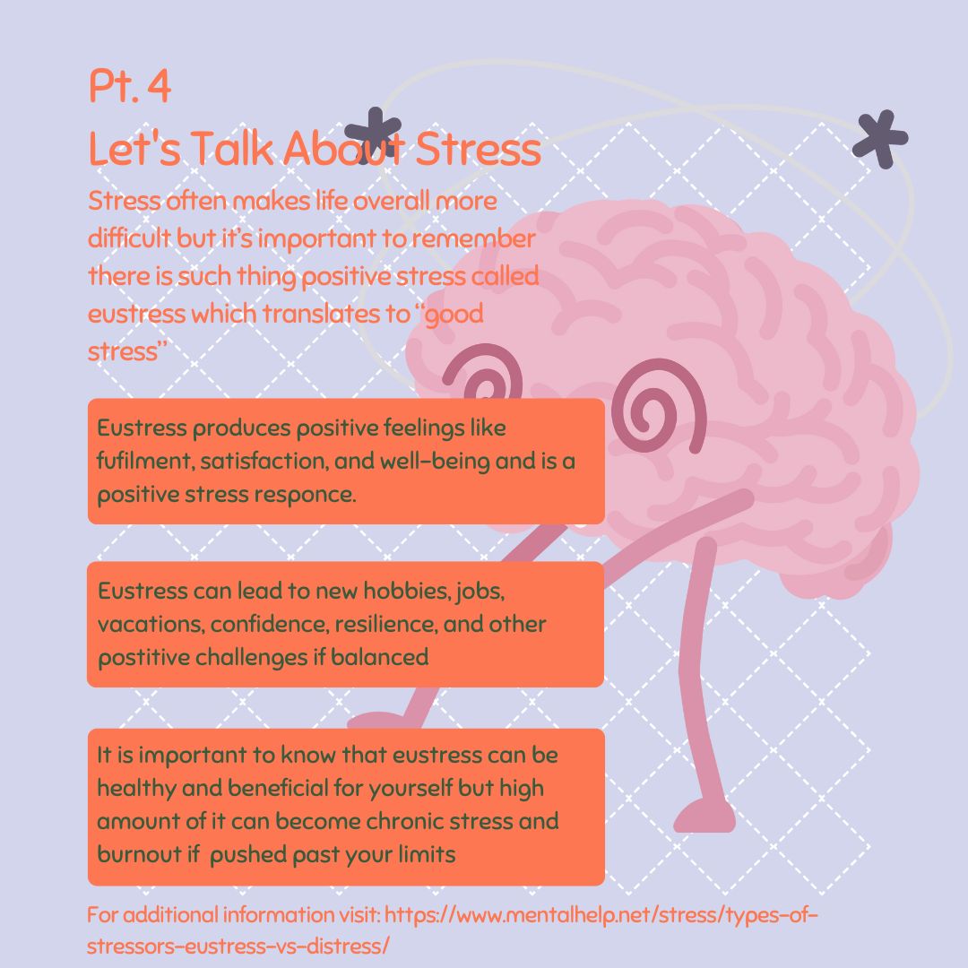 Healthy Lifestyles series on Stress Week 4.
We all have stress and some types of stress can actually be good for us.
For additional information visit: mentalhelp.net/.../types-of-s…