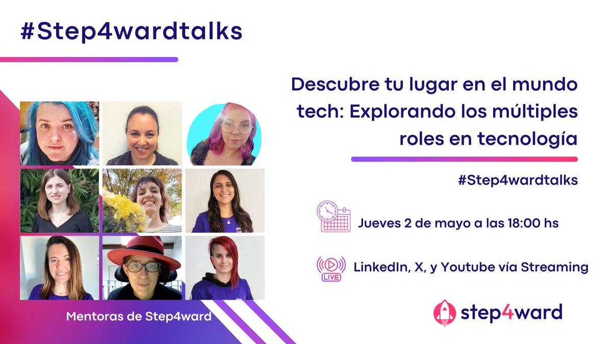 Step4ward_ES's tweet photo. Únete a nuestro próximo #Step4wardtalks con nuestras mentoras para explorar roles en UX/UI, Backend, Eng. Management, Producto, QA, SRE y Mobile. Conoce responsabilidades, habilidades clave y consejos de expertos. ¡Agenda el Jueves 2 de mayo a las 18:00 hrs vía Streaming! 🤗 https://t.co/iPg5cEtiu6