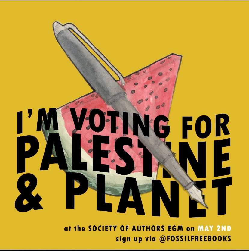 An important Society of Authors EGM coming up, 2nd May 5-7pm BST, with votes on AI, climate action and Palestine. If you’re a member sign up for the online meeting or use your proxy vote. This is your union! Illustration by Sieve Bonaiuti @fossilfreebooks