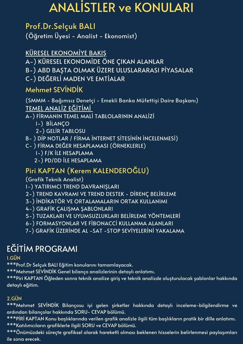 #GoldenTeknikAkademi organizasyonunda 11-12 Mayıs Tarihlerinde #Ankara da FİNANSAL OKUR YAZARLIK eğitimi programına katılıyoruz. Öyle tahmin ediyorum ki bu eğitim programına katılanlar hem temel, hem bilanço hem de grafik analizi özümseyerek kendi kararları ile uygun yerden…