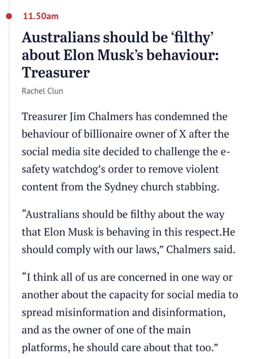 Hi @elonmusk, This tyrannical government does not speak for all of us. We are filthy at them, not you. Please fight them all the way to our high courts. And win. Sincerely, Many Australians
