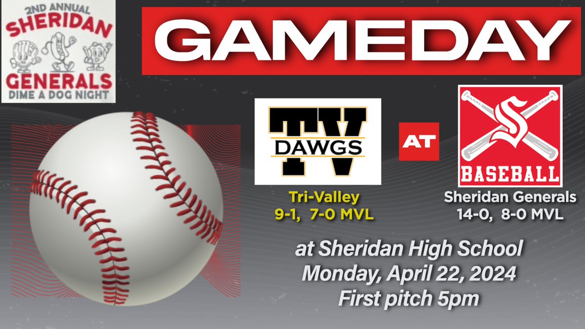 Generals host Tri-Valley today @ 5pm. JV team travels to Dresden. Today is also 'Dime a Dog Night' sponsored by our Athletic Boosters. Free T-shirts to SHS students while they last @SheridanStuSect @SamBlackburnTR @brandonhannahs @PCTsports @WHIZscores @StoriedRivals