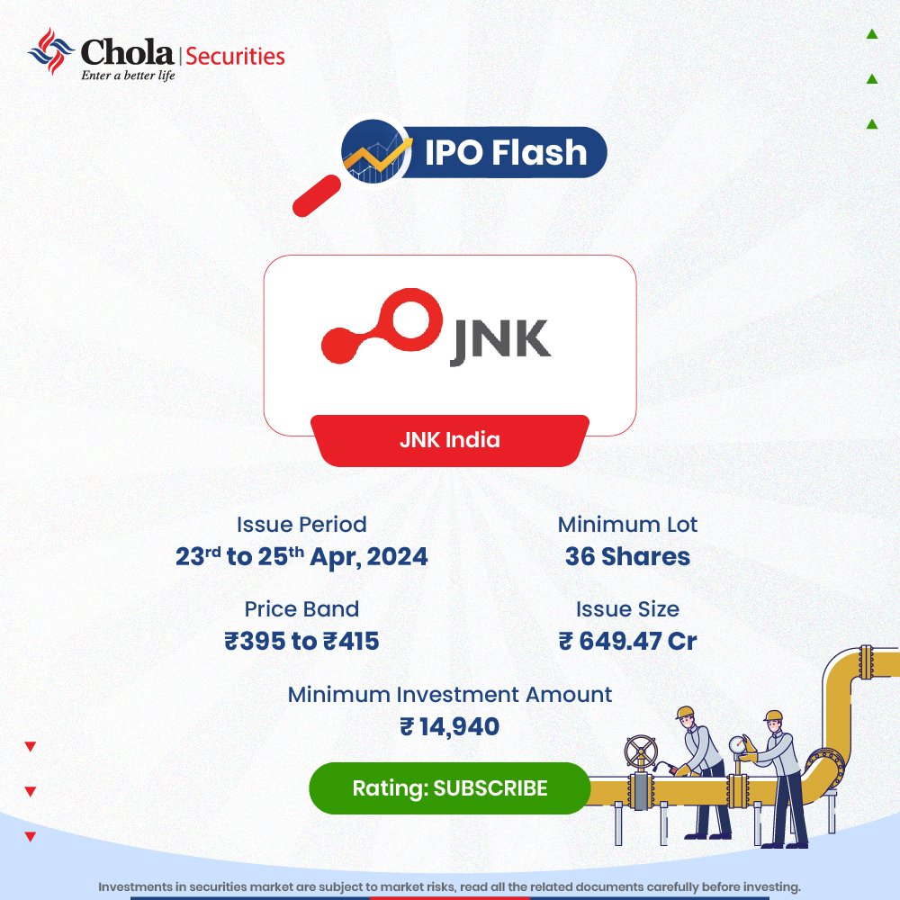 JNK India, a leading engineering and technology player, opens its initial public offering (IPO) tomorrow.

Full IPO Note here: tinyurl.com/vaknpa4w

Disclaimer: tinyurl.com/5hfxdp85

#CholaSecurities #Stockbroker #IPONote #JNKIndia