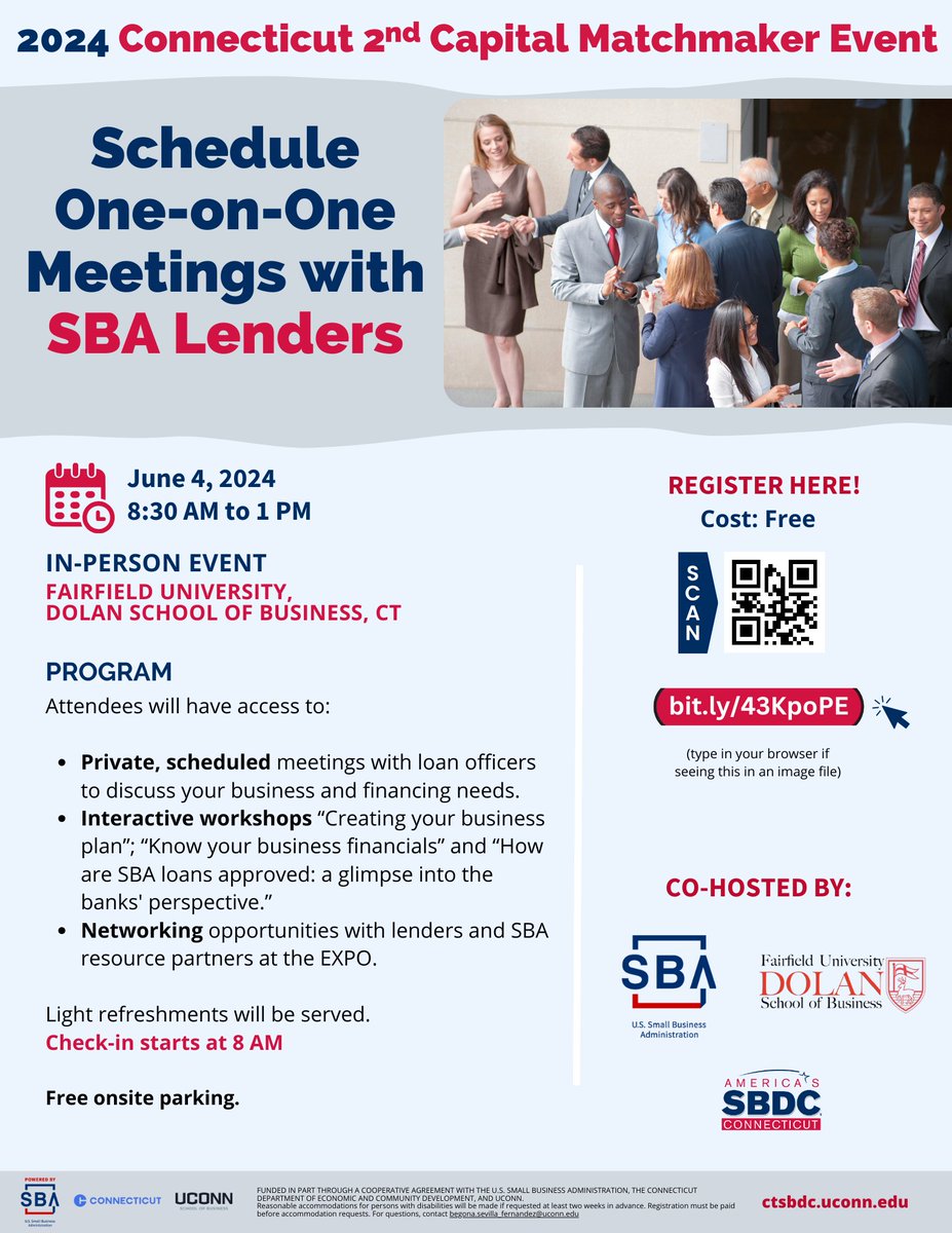Registration OPEN for CT's Largest Capital Matchmaker Event

#Smallbiz, meet CT Lenders on June 4, register here: bit.ly/43KpoPE

Join #SBA for a webinar to learn more sba.gov/event/46029

Hosted by @SBA_Connecticut, @CTSBDC, and @FairfieldU.
#CTSBDC #SBALoans