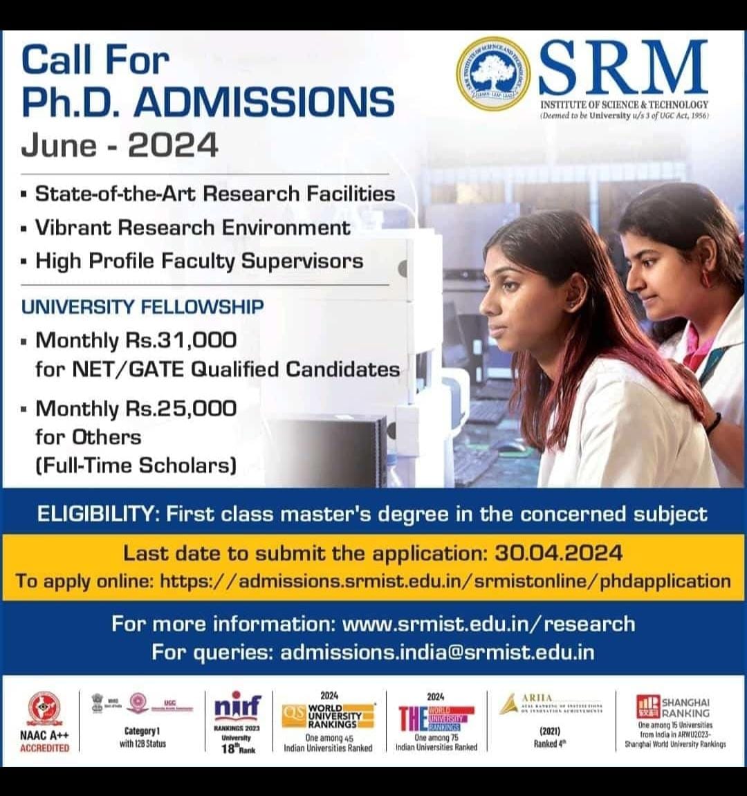 SoC_SRMIST's tweet image. Call for Ph.D Admission, SRM Institute of Science and Technology. Last Date for application is 30.04.2024
#SRMIST #Schoolofcomputing #PhD  #AdmissionsOpen