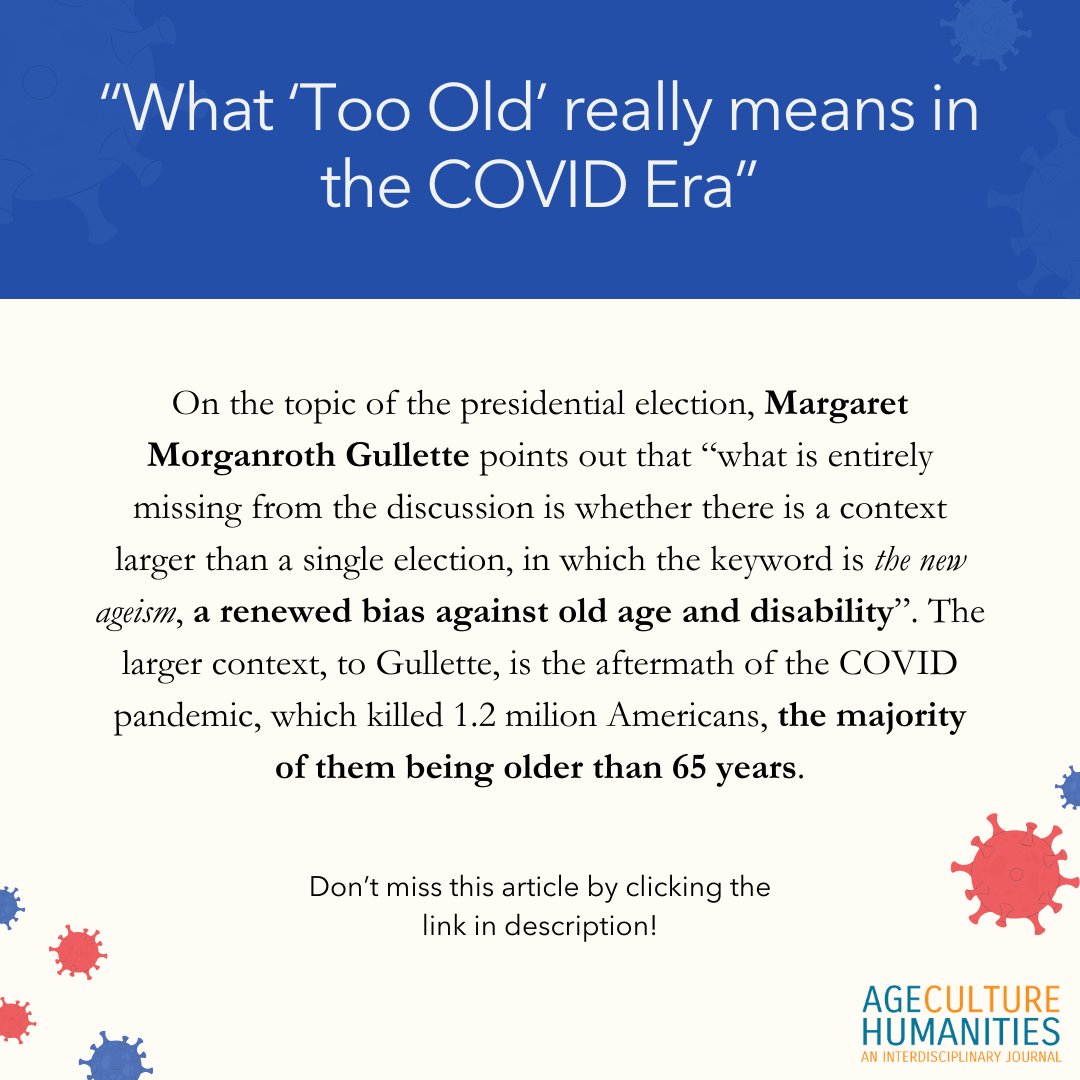 ACH Journal is proud to officially present its most recent Volume #8, with a Issue called "Too Old for the Job?", regarding the US American Elections!
Swipe the images and click the link to know more!
tidsskrift.dk/ageculturehuma…

#ageculturehumanities #agingstudies #elections #Covid