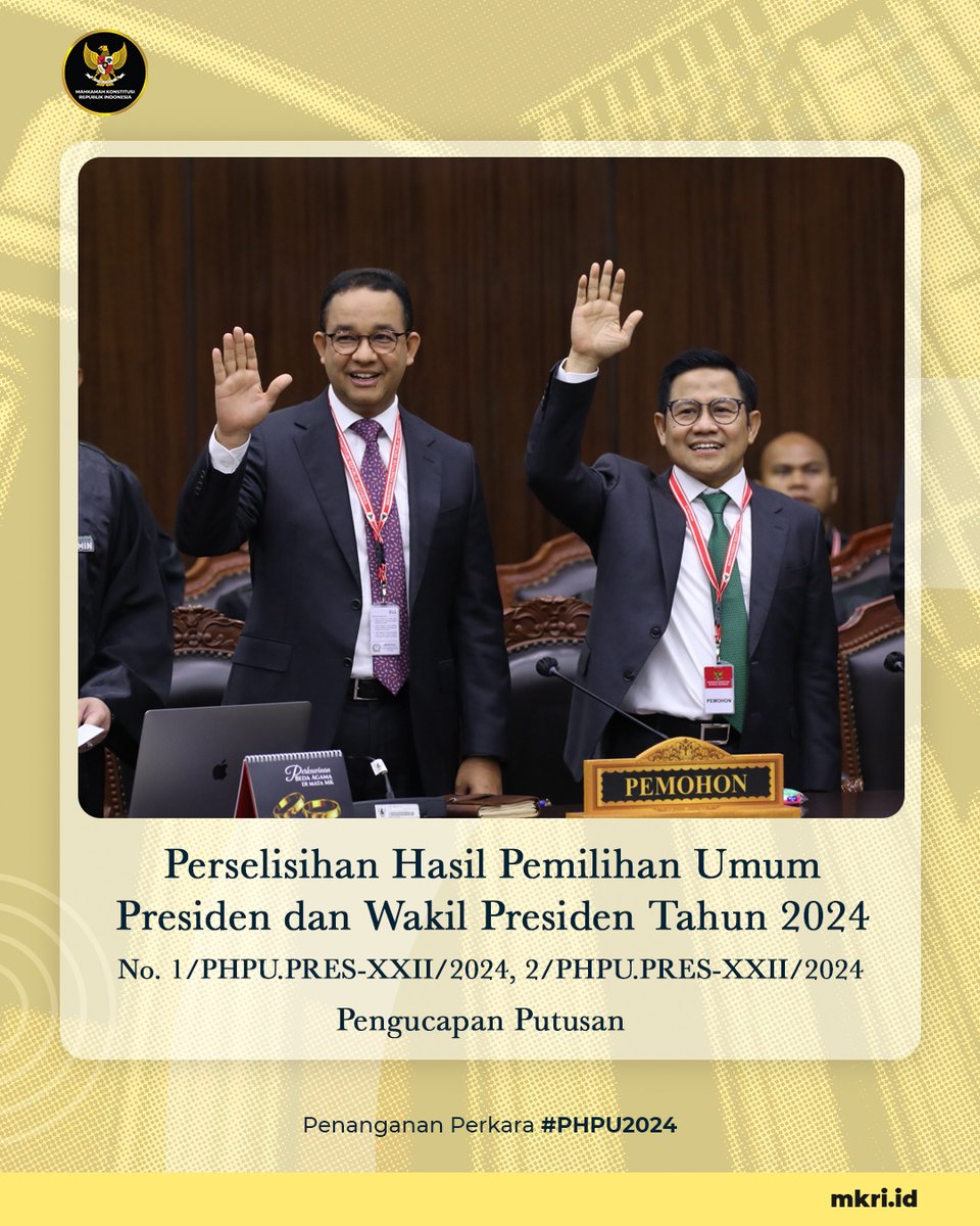 officialMKRI's tweet photo. MK telah memutus dua perkara putusan #PHPU2024 Pilpres pada 22 April 2024. MK menolak kedua permohonan yang diajukan oleh dua paslon Presiden dan Wakil Presiden. (1/2) https://t.co/sQWJYzLK5E
