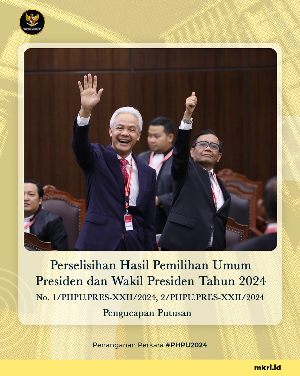 officialMKRI's tweet photo. MK telah memutus dua perkara putusan #PHPU2024 Pilpres pada 22 April 2024. MK menolak kedua permohonan yang diajukan oleh dua paslon Presiden dan Wakil Presiden. (1/2) https://t.co/sQWJYzLK5E
