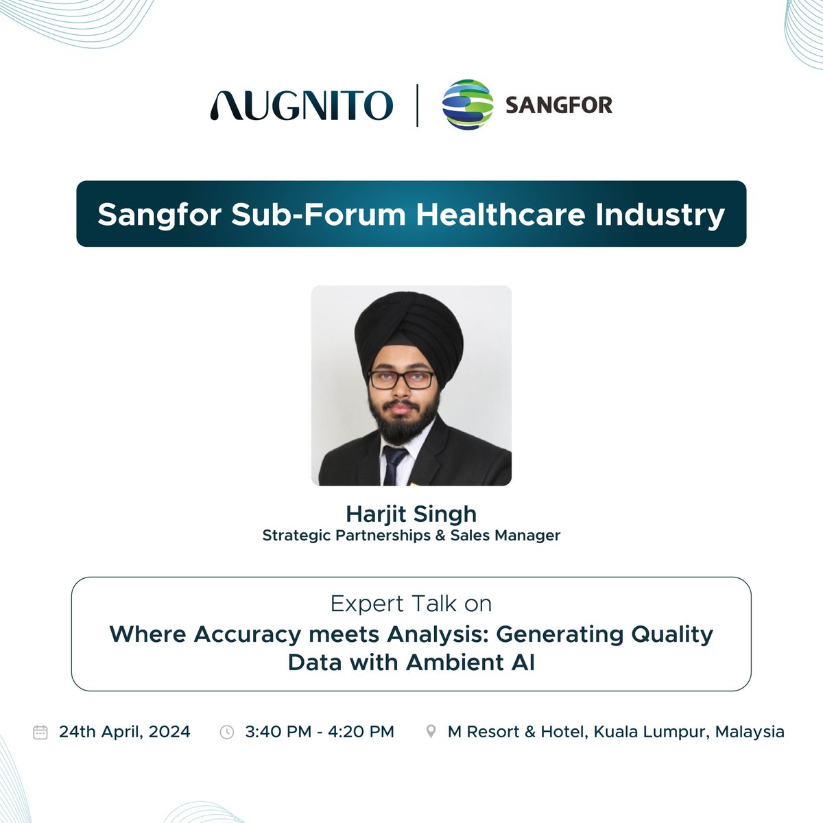 We are excited to share that our Strategic Partnerships & Sales Manager, Harjit Singh will be presenting a talk on 'Where Accuracy meets Analysis: Generating Quality Data with Ambient AI' at Sangfor Sub-Forum Healthcare Industry. #SangforMalaysia #SangforRoadshow2024 #VoiceAi