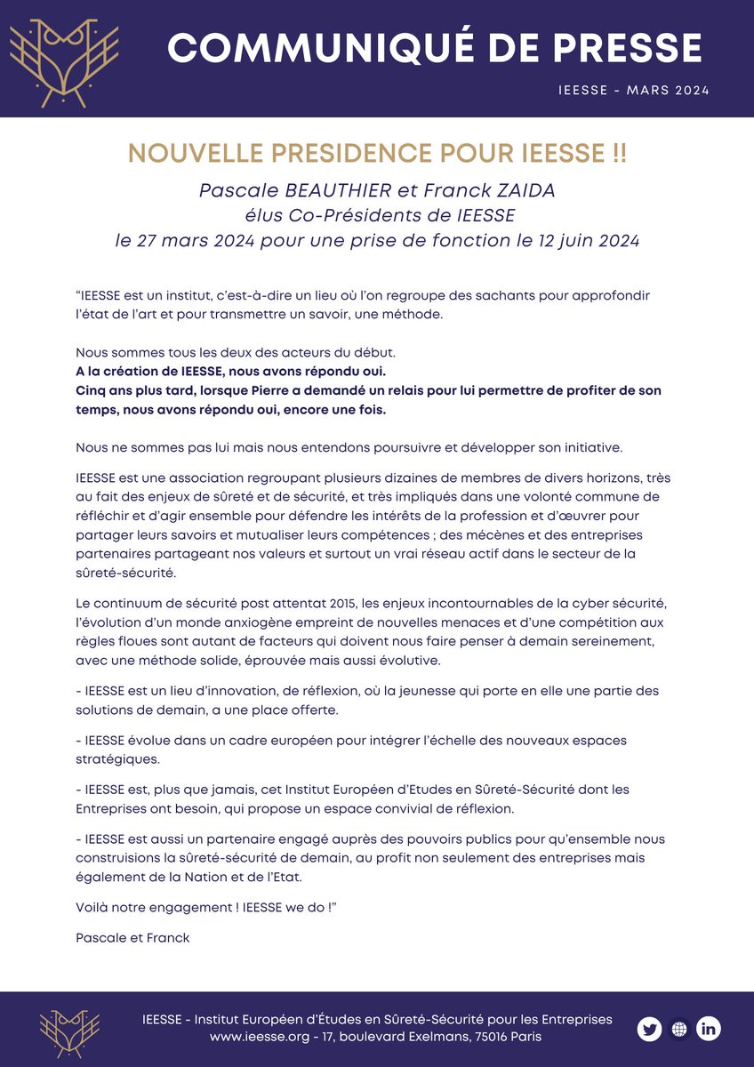 ieesse's tweet photo. 🚨 Communiqué de Presse : NOUVELLE PRESIDENCE POUR IEESSE !!🚨 
Pascale BEAUTHIER et Franck ZAIDA élus Co-Présidents de IEESSE, le 27 mars 2024 pour une prise de fonction le 12 juin 2024
https://t.co/rYCLBqEiJY https://t.co/kMnwlSdCih