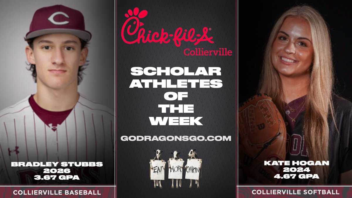 Congrats to our Chick-fil-A Scholar Athletes of the Week:  Baseball's Bradley Stubbs and Softball's Kate Hogan. Bradley (3.67 GPA) had 7 Ks while earning two wins and a save against Houston and Valley View, AR. Kate (4.67 GPA) hit .444 with 2 2Bs, 1 HR, 4 RBIs &amp; a stolen base.